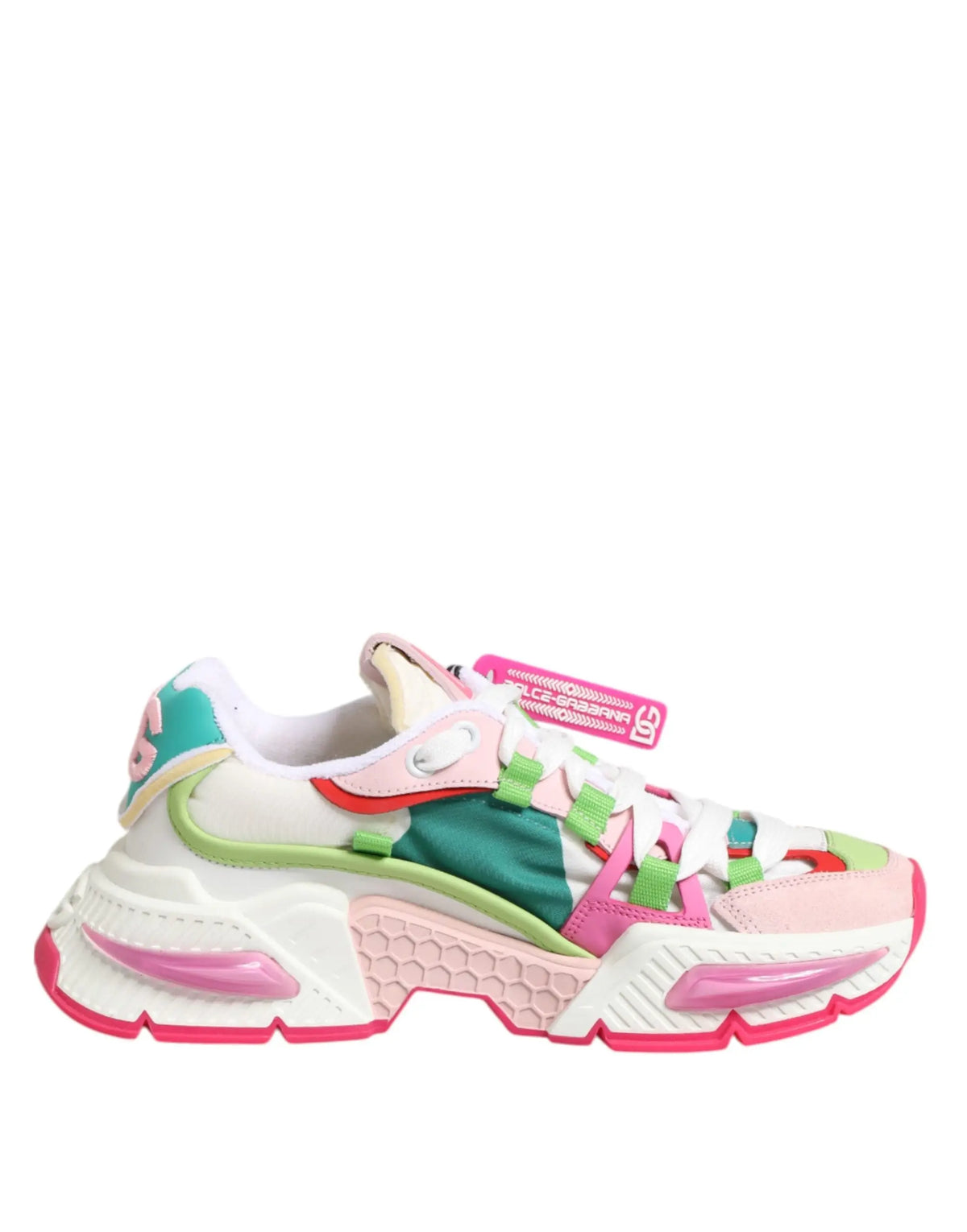 Sneaker basse dolce & gabbana en cuir multicolore avec semelle épaisse et accents néon blanc rose vert et bleu sarcelle