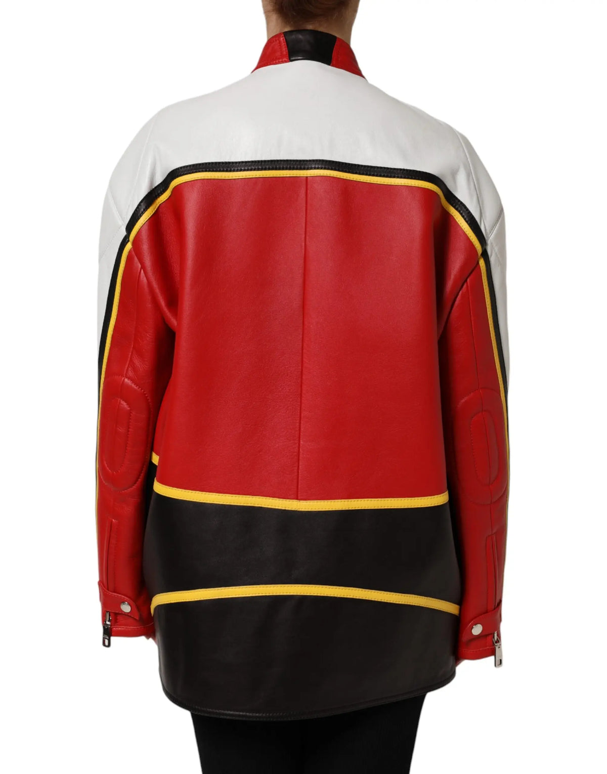 Veste en cuir multicolore dolce & gabbana rouge blanc noir avec garniture jaune vif style biker fermeture éclair intégrale