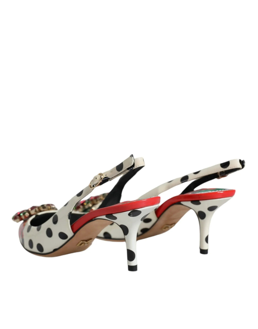 Dolce & gabbana slingback en cuir blanc à pois noirs avec accent rouge et noeud orné de cristaux au bout