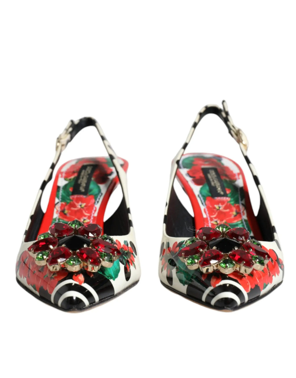 Dolce & gabbana escarpins slingback en cuir multicolore décorés de cristaux avec motifs floraux rouges et verts et accents noir et blanc