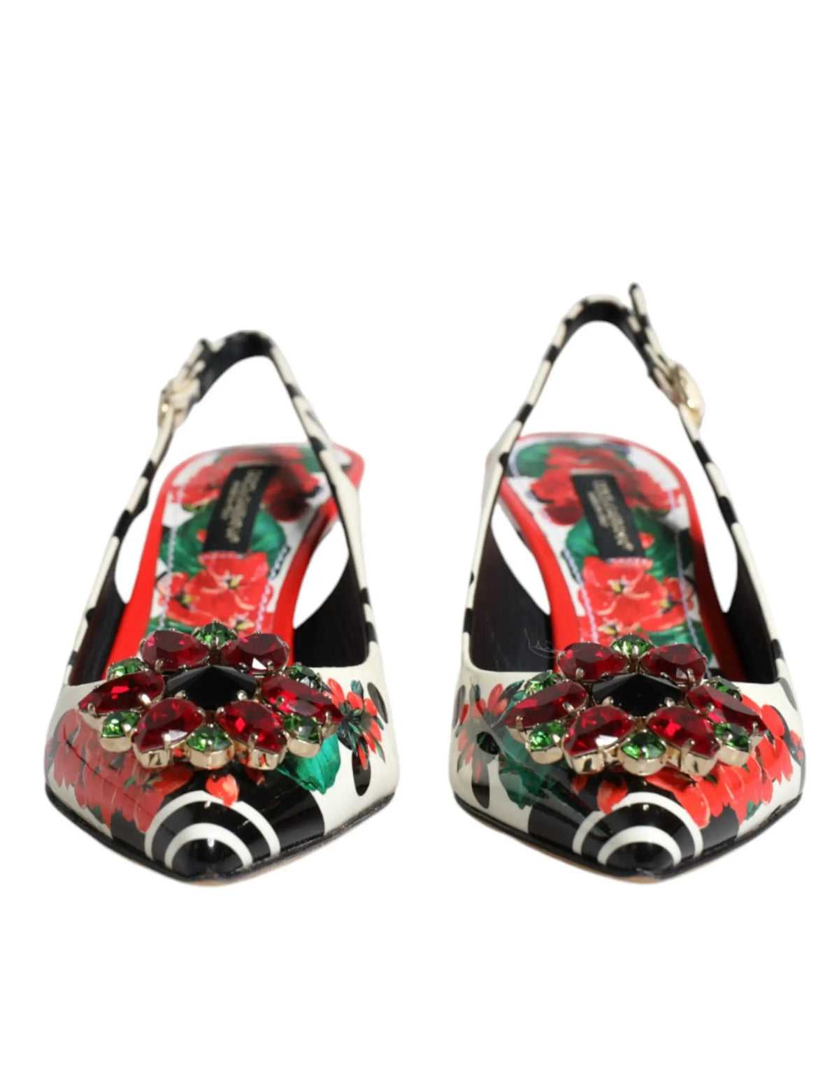 Dolce & gabbana escarpins slingback en cuir multicolore décorés de cristaux avec motifs floraux rouges et verts et accents noir et blanc
