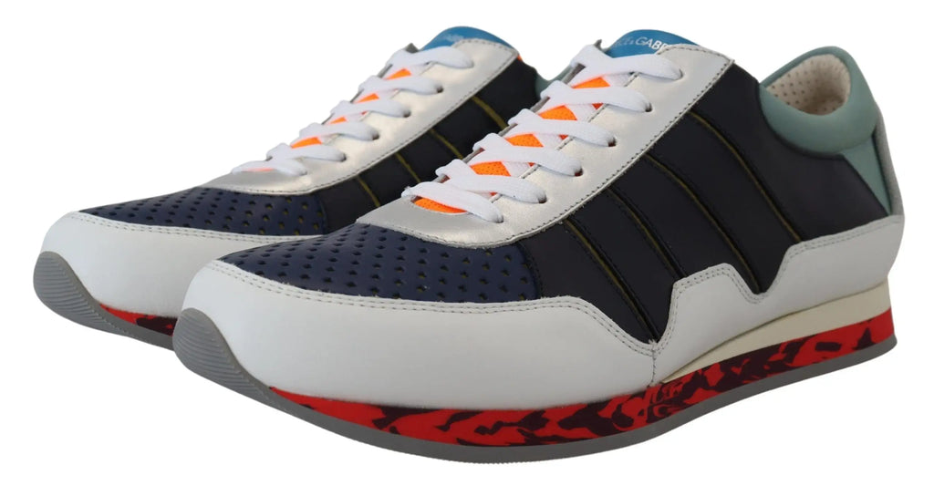 Dolce & gabbana multicolor leather sport low top sneakers navy and white with orange laces black stripes and red camo sole