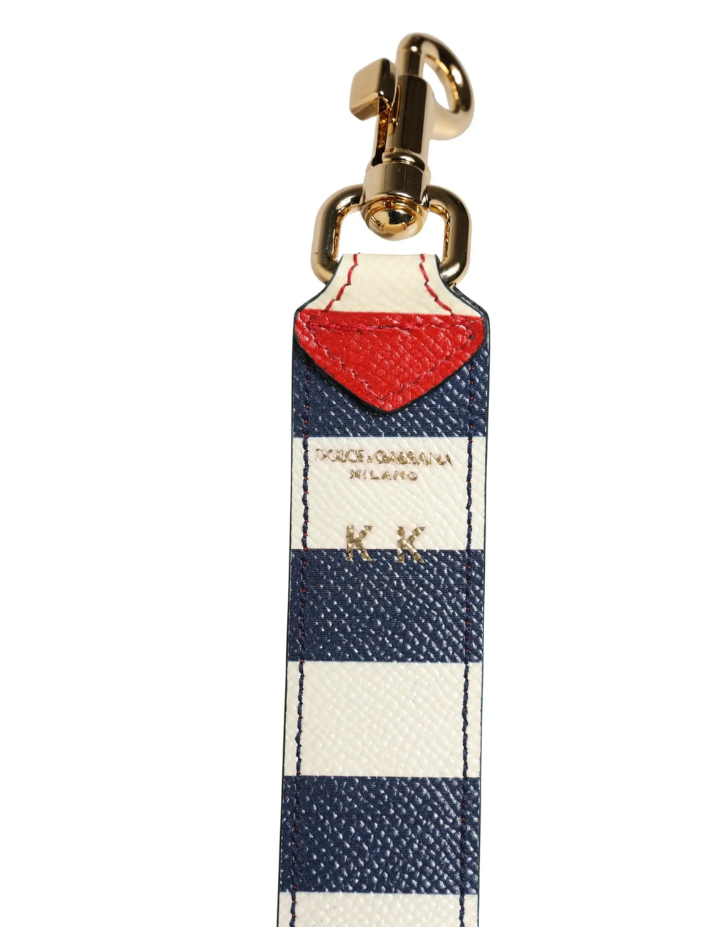 Strap d’épaule dolce & gabbana en cuir rayé bleu marine et blanc avec accent triangulaire rouge et ferrures dorées