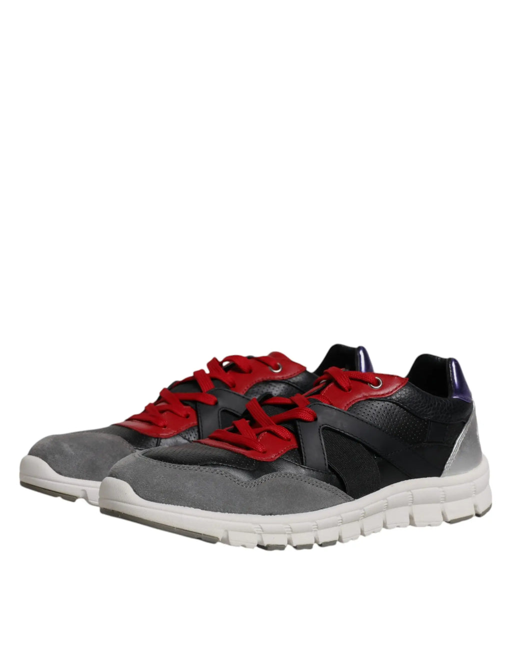Dolce & gabbana multicolor leather suede low top sneakers in black and gray with red laces and white rubber sole