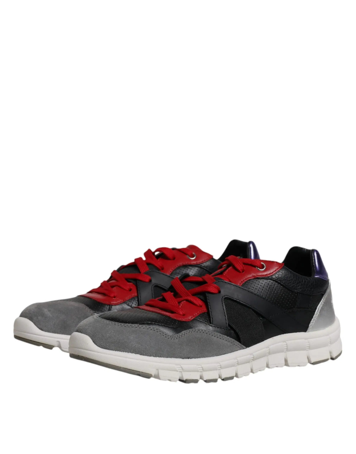 Dolce & gabbana multicolor leather suede low top sneakers in black and gray with red laces and white rubber sole
