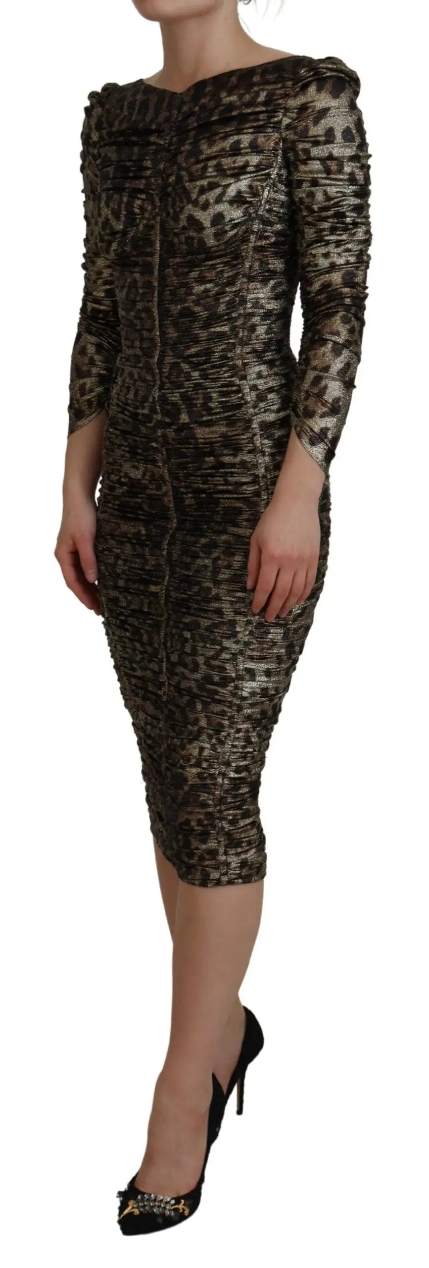 Dolce & Gabbana robe midi moulante manches longues imprimé léopard noir et or scintillant avec fronces