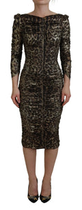 Dolce & gabbana robe midi bodycon léopard multicolore avec manches trois quarts ajustée en tissu texturé doré et noir