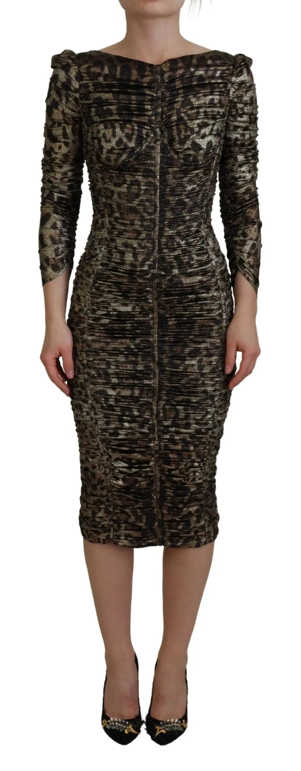 Dolce & gabbana robe midi bodycon léopard multicolore avec manches trois quarts ajustée en tissu texturé doré et noir