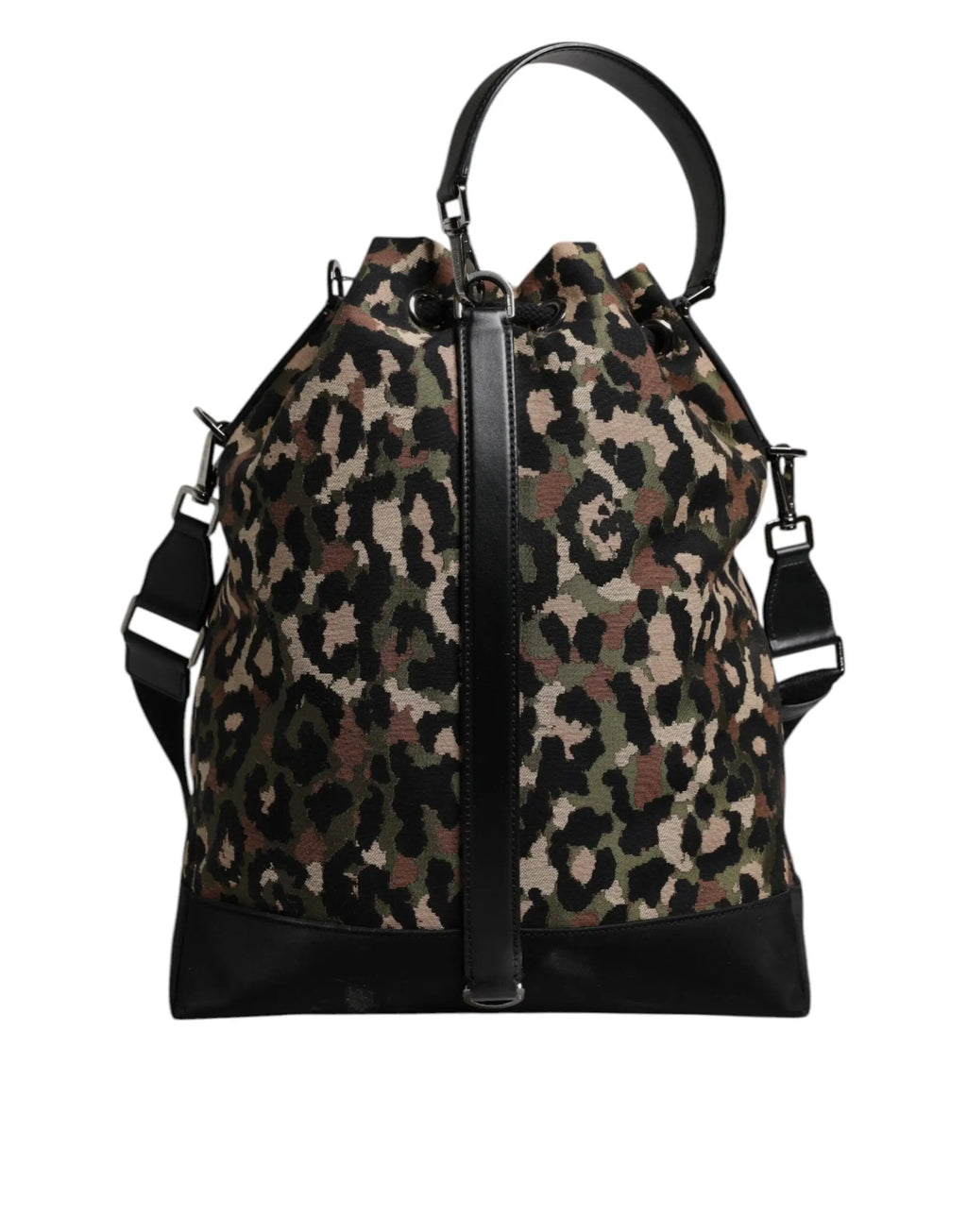 Un sac seau dolce & gabbana en coton multicolore léopard avec accents en cuir noir et bandoulière amovible