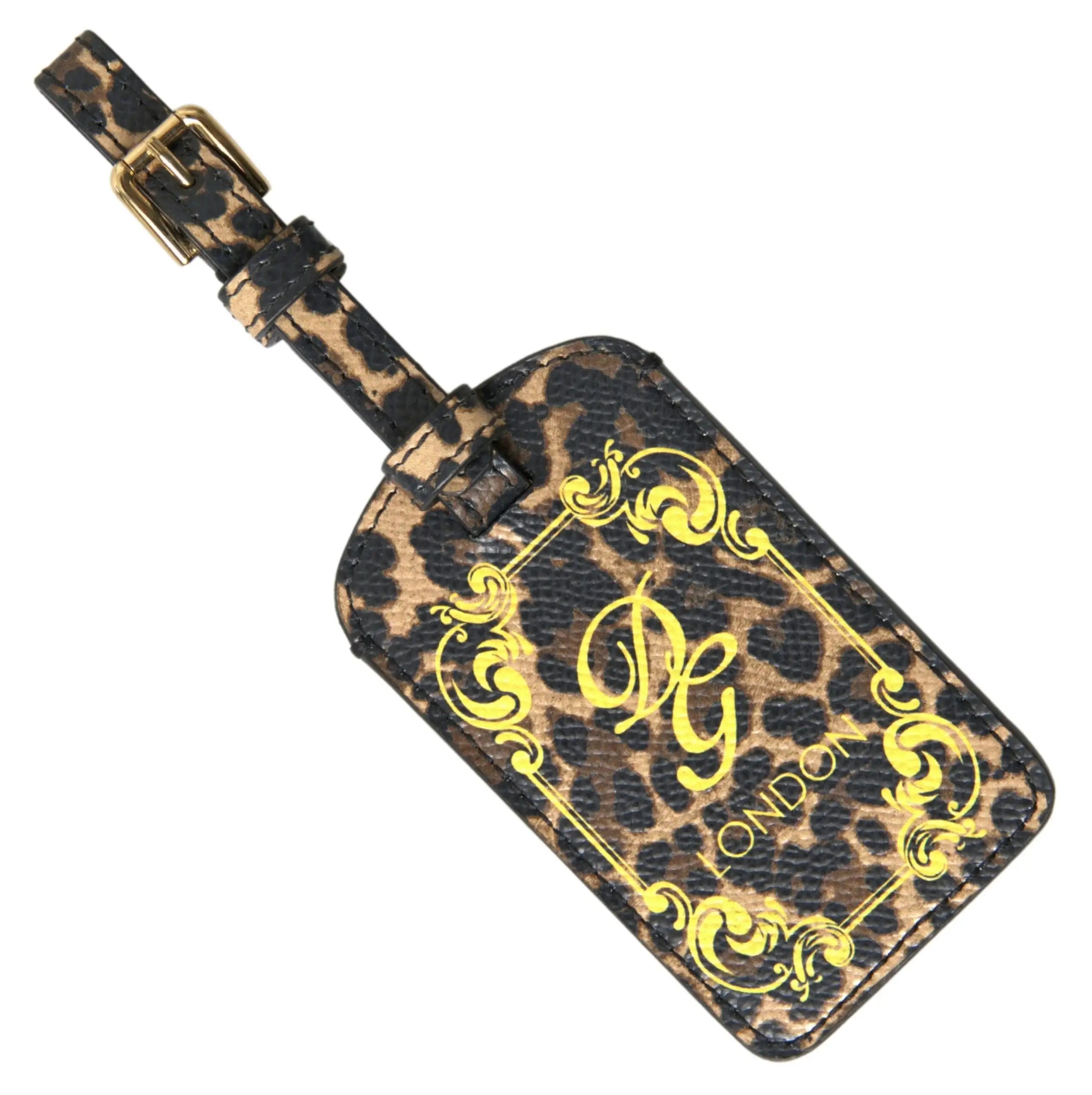 Étiquette à bagage en cuir dauphine multicolore leopard avec logo dg london doré et détails ornés de dolce & gabbana