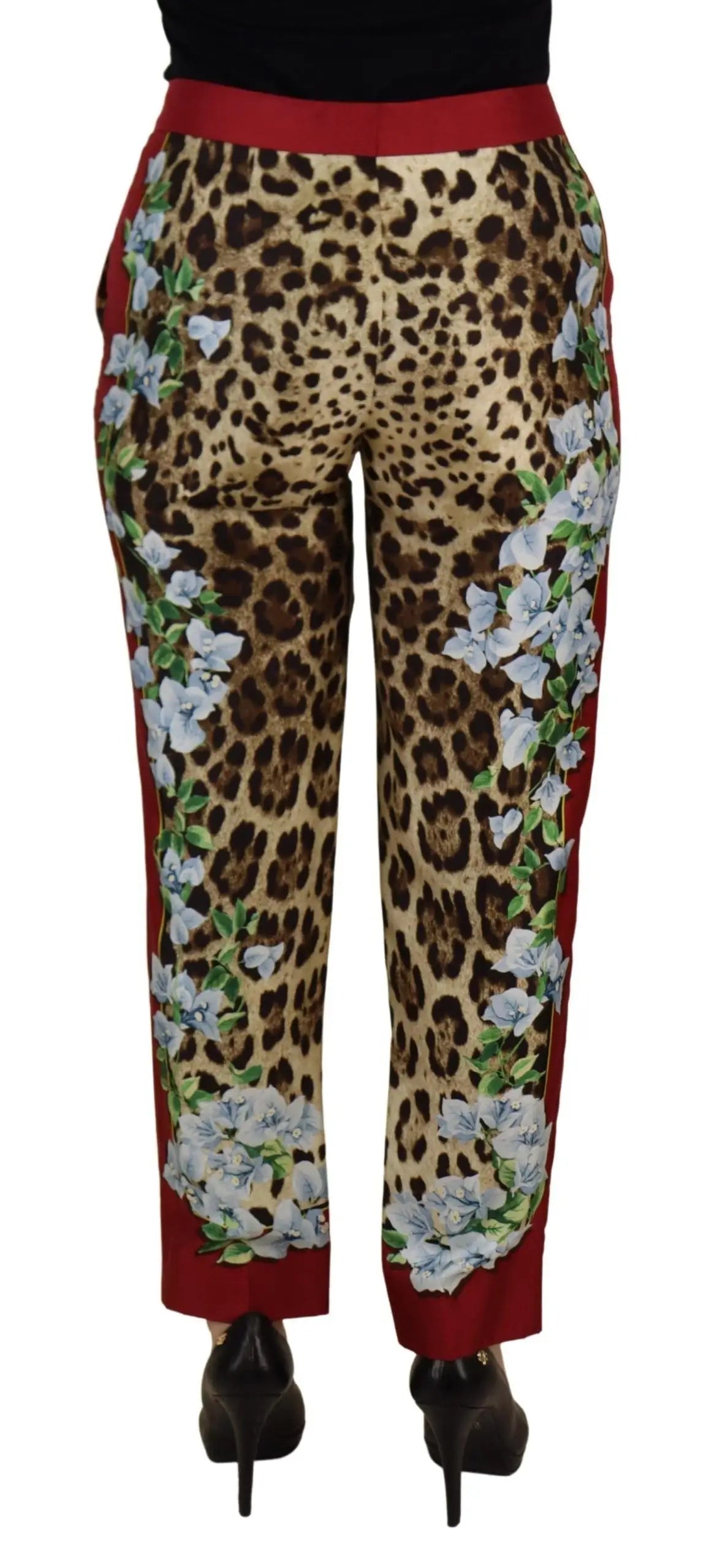 Pantalon dolce & gabbana mi taille imprimé léopard rouge et beige avec broderie florale blanche sur les côtés