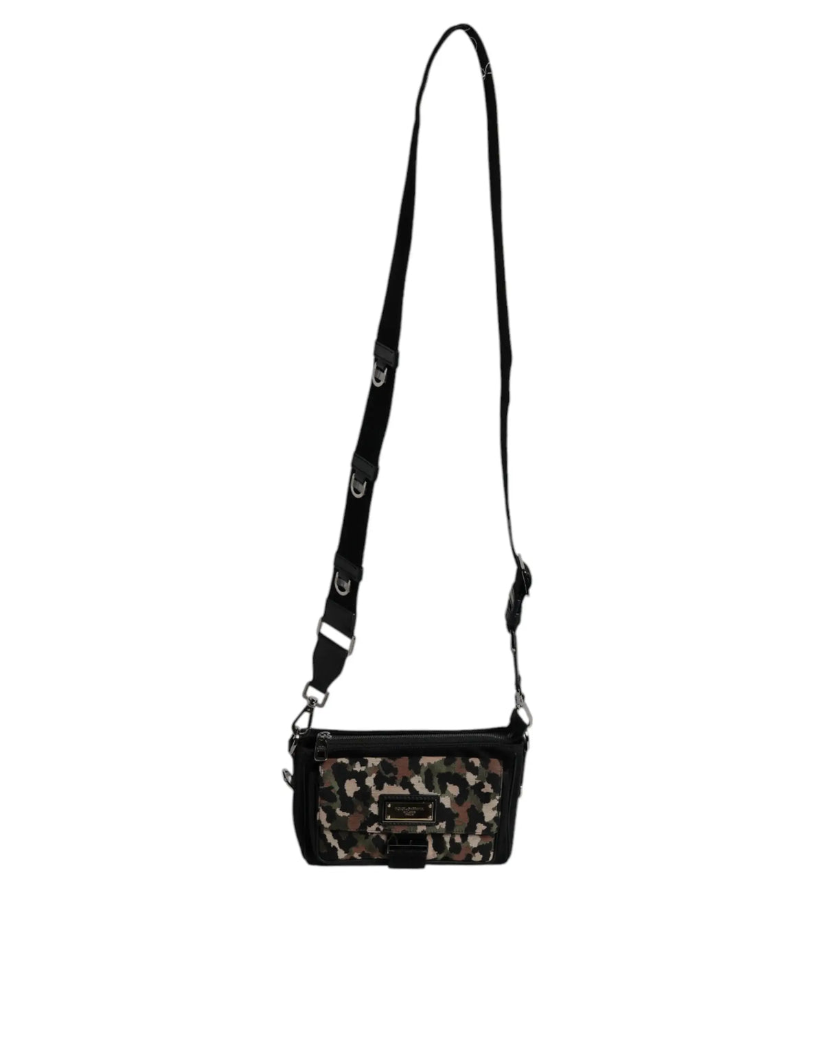 Sac bandoulière noir dolce & gabbana avec panneau avant camouflage et matériel argenté multicolore animalier jacquard