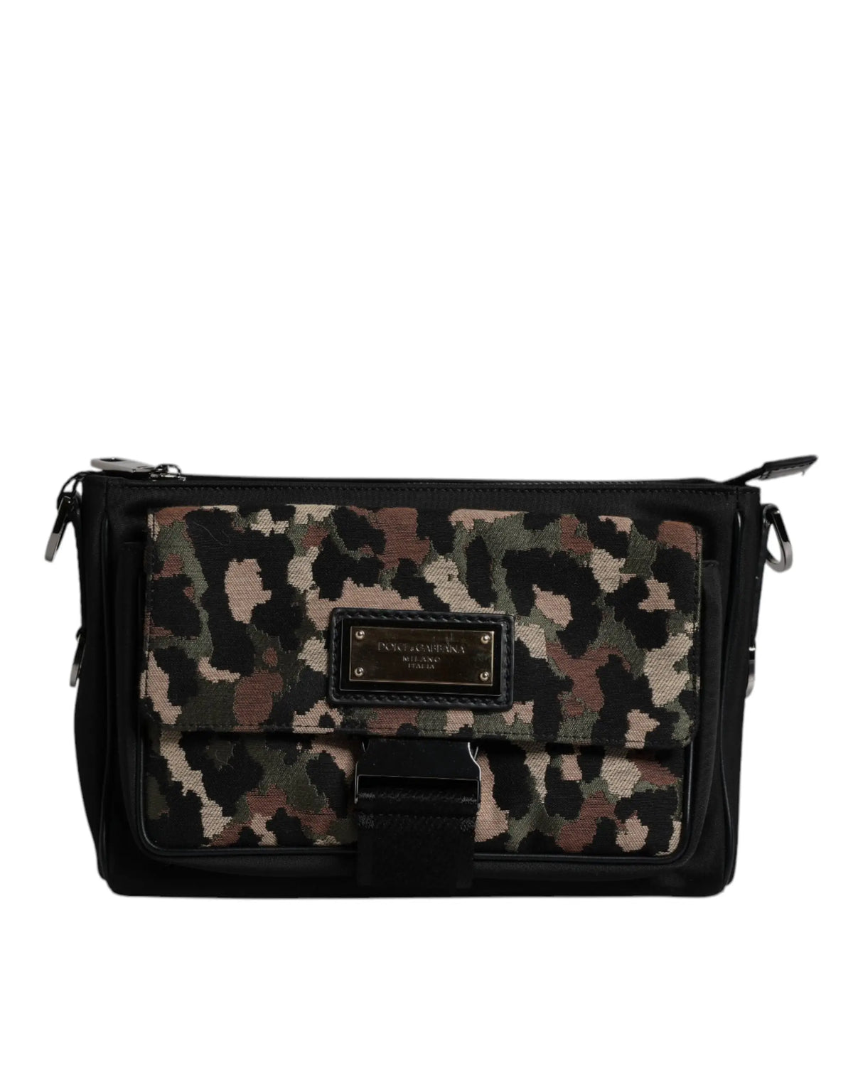 Sac bandoulière dolce & gabbana multicolore léopard jacquard noir et camouflage avec plaque métallique