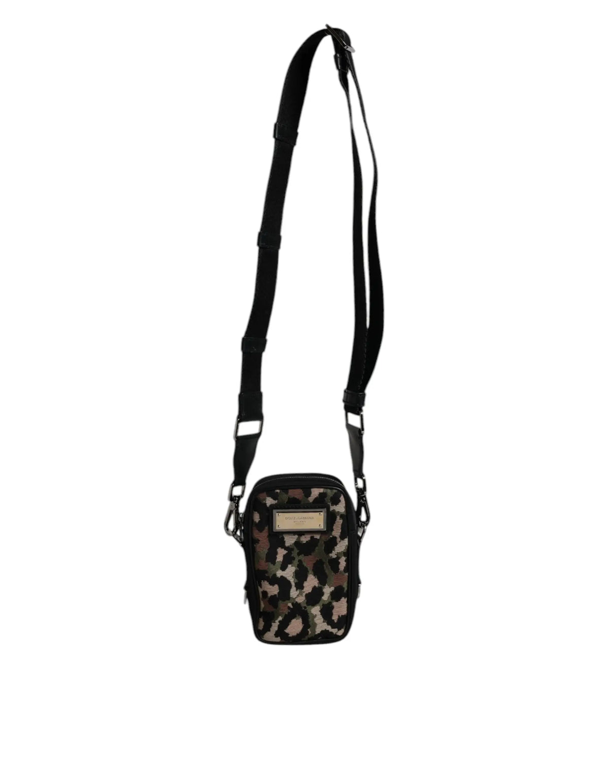 Sac bandoulière dolce & gabbana en jacquard léopard noir et beige avec plaque logo et design minimaliste