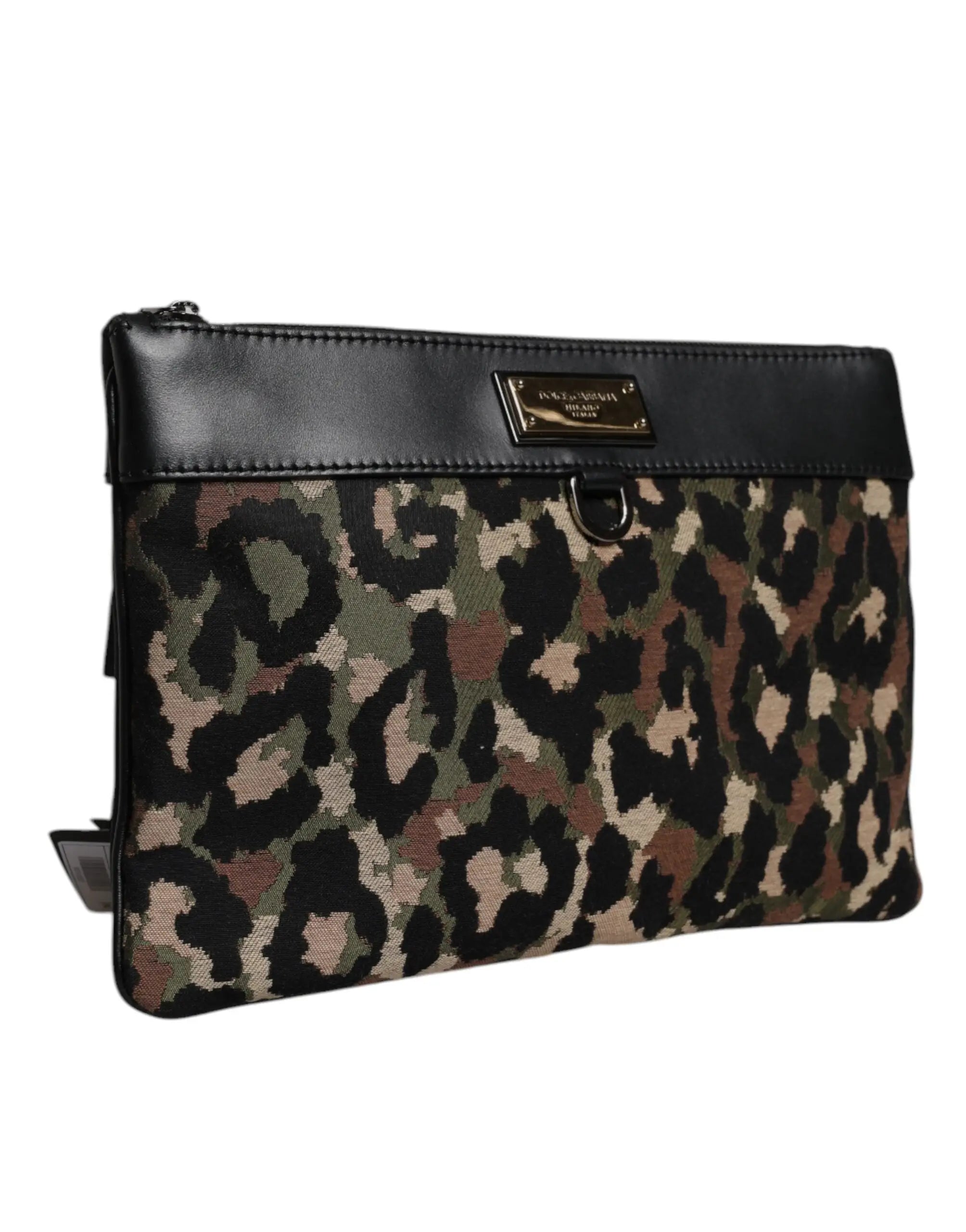 Pochette dolce & gabbana multicolore en jacquard léopard avec garniture en cuir noir et plaque logo métal doré
