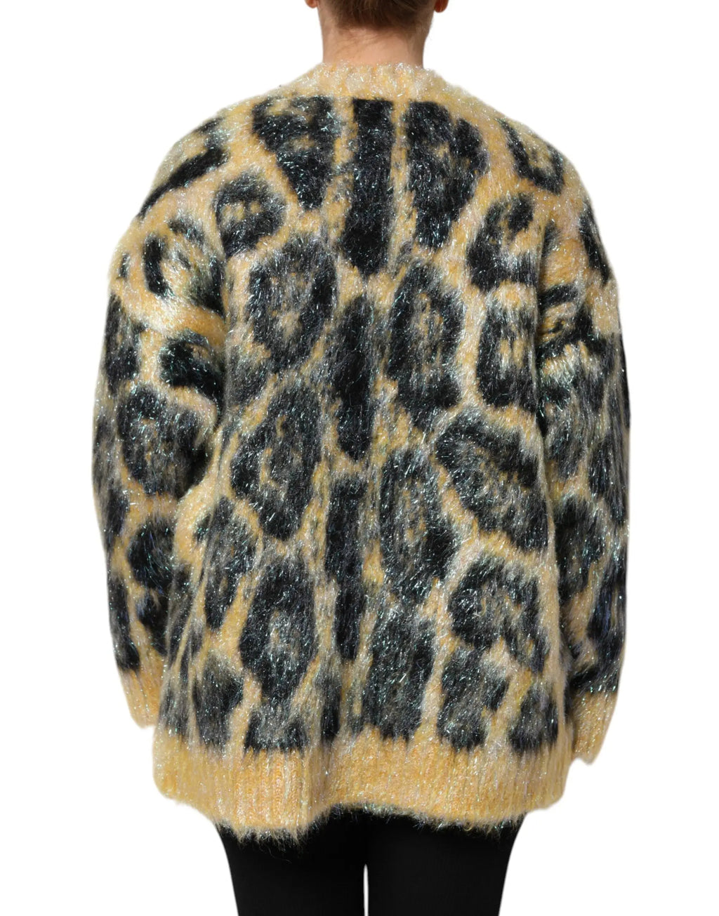 Cardigan doux et duveteux dolce & gabbana à imprimé léopard noir et beige en maille mohair texturée