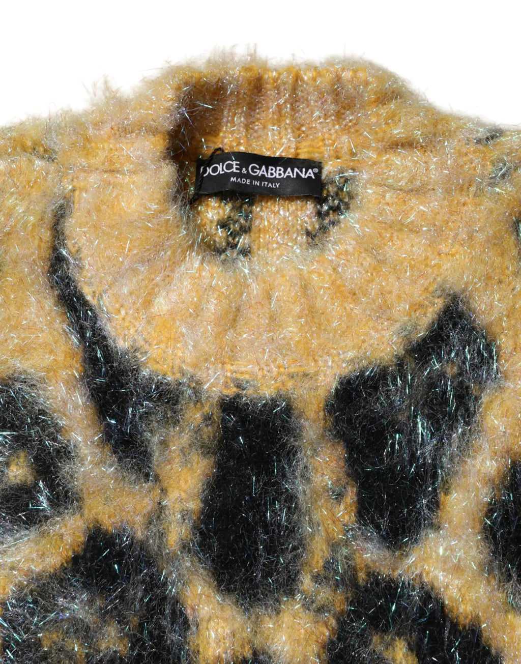 Dolce & gabbana pull multicolore en mohair léopard jaune moutarde et noir à col rond avec tissu doux et texturé