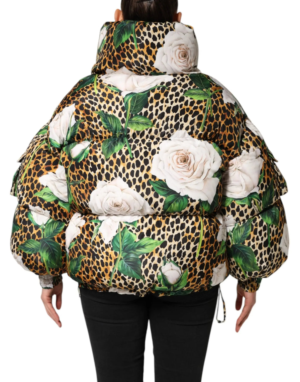 Manteau doudoune oversize dolce gabbana multicolore léopard avec grosses roses blanches et feuilles vertes