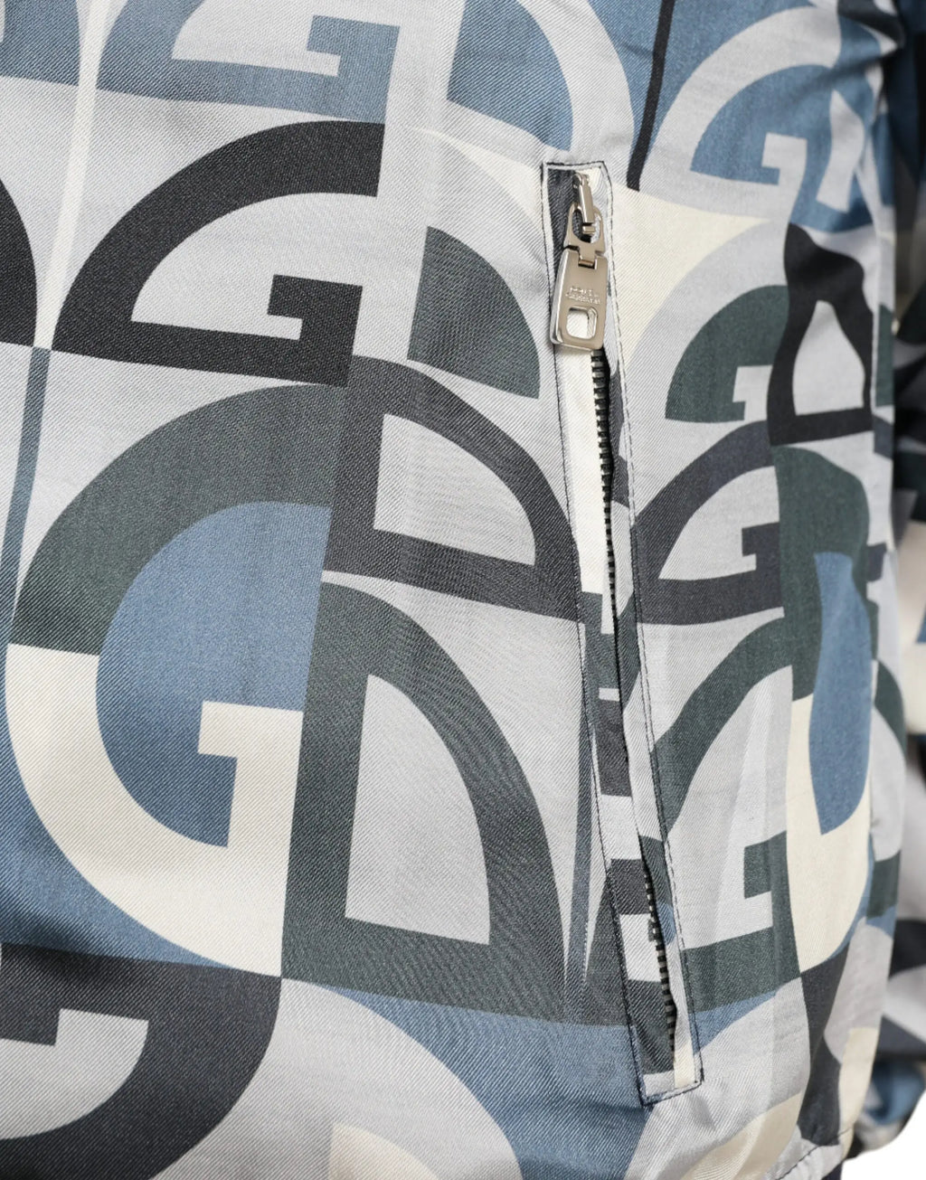 Veste bomber dolce & gabbana multicolore avec motif géométrique bleu gris blanc et fermeture éclair argentée