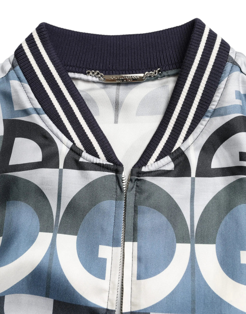Veste bomber dolce gabbana multicolore avec motif logo et motif géométrique bleu blanc col côtelé bleu marine