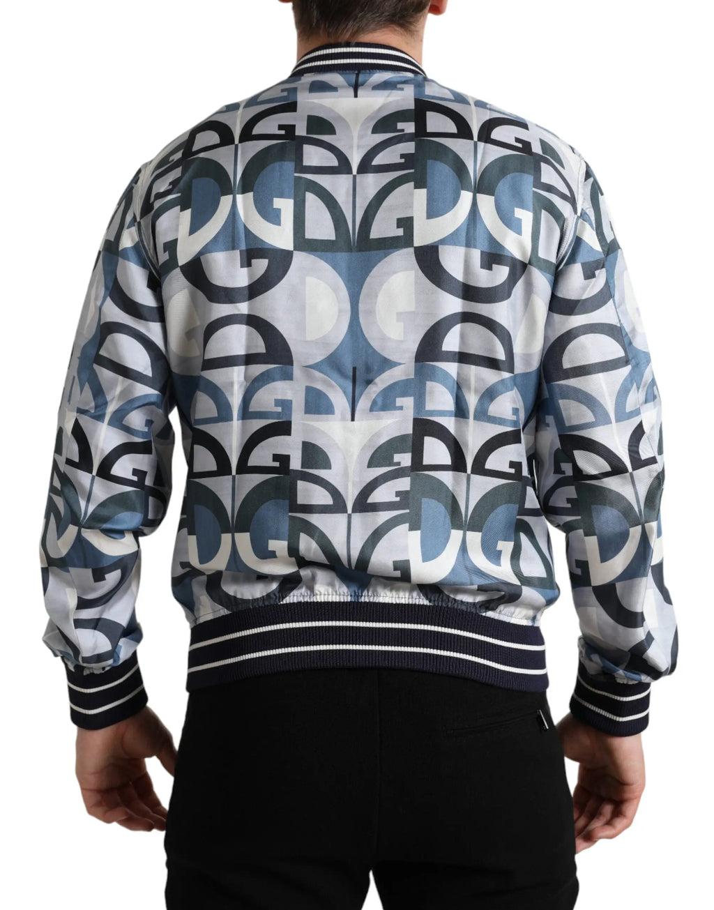 Veste bomber homme dolce gabbana multicolore avec motif logo dg géométrique bleu noir sur fond gris clair