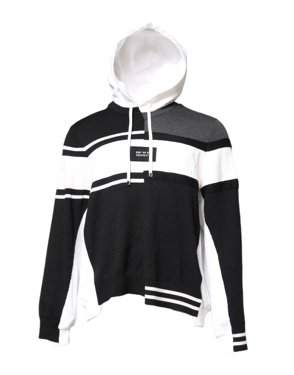 Dolce & gabbana multicolor logo pullover hooded sweater à rayures noires et blanches avec panneau gris et zip avant