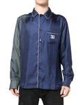 Chemise de pyjama en satin bleu marine dolce gabbana avec manches grises contrastantes et logo dg sur la poche