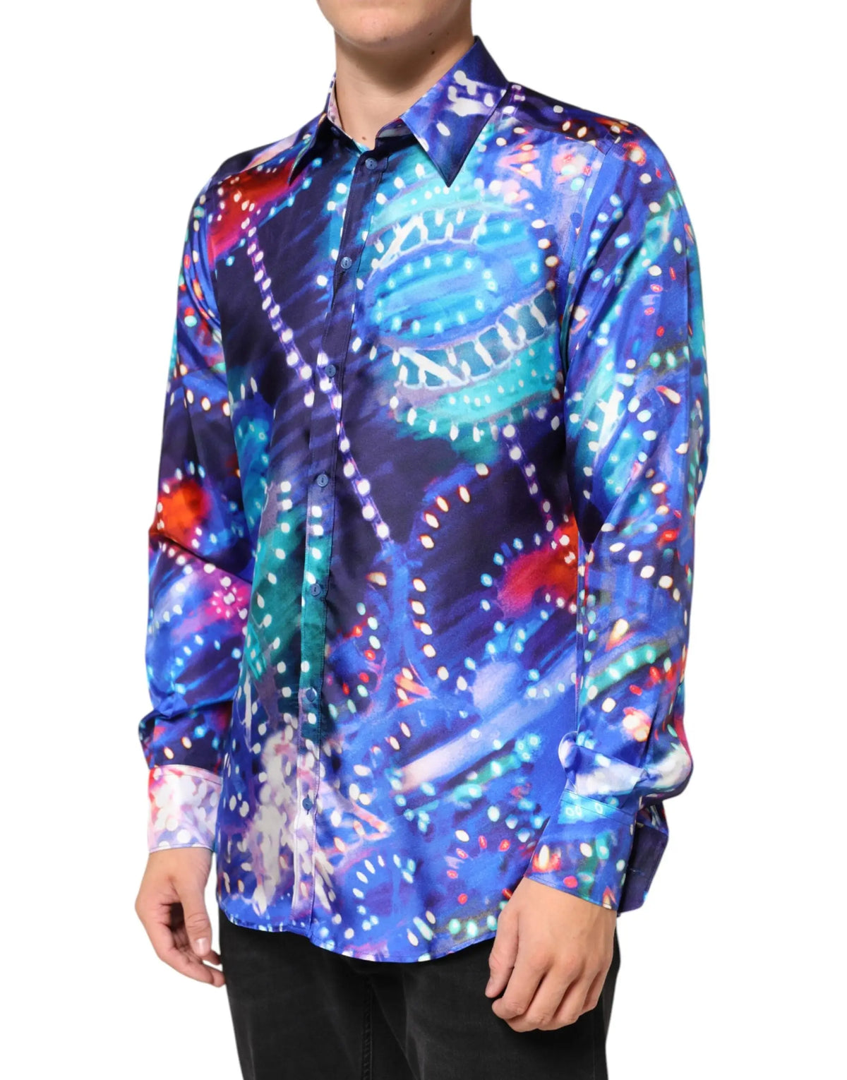Chemise homme dolce & gabbana multicolore luminarie martini à manches longues avec motif abstrait bleu rouge et teal finition brillante