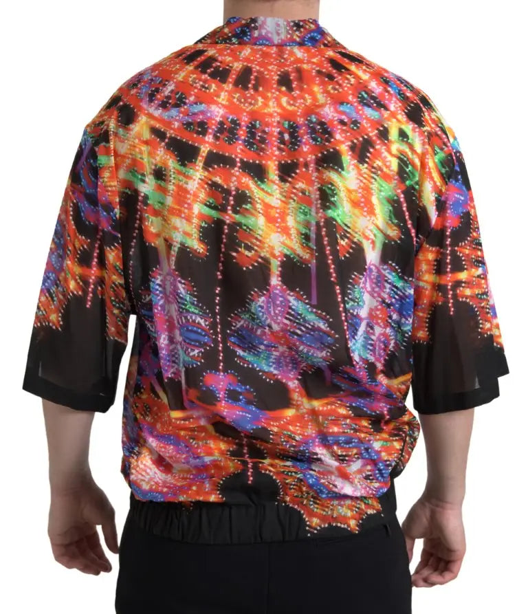 Chemise homme dolce & gabbana en coton multicolore avec motif fractal psychédélique orange violet vert sur fond noir