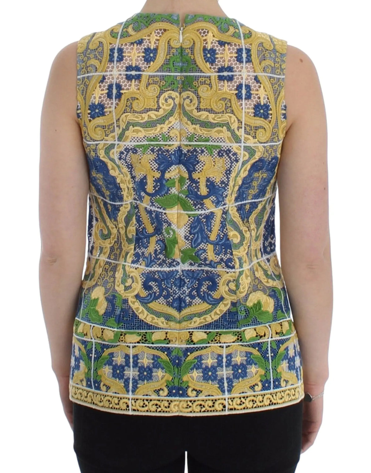 Top sans manches vibrant bleu et or à motif baroque complexe dolce gabbana multicolor majolica brodé