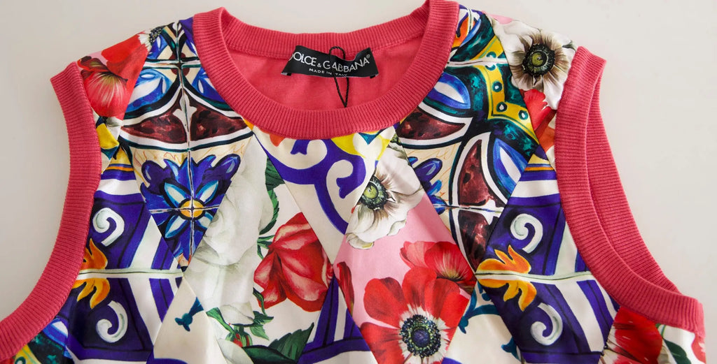 Dolce & gabbana débardeur multicolore à col rond avec imprimé floral et géométrique rouge bleu violet et bordures roses