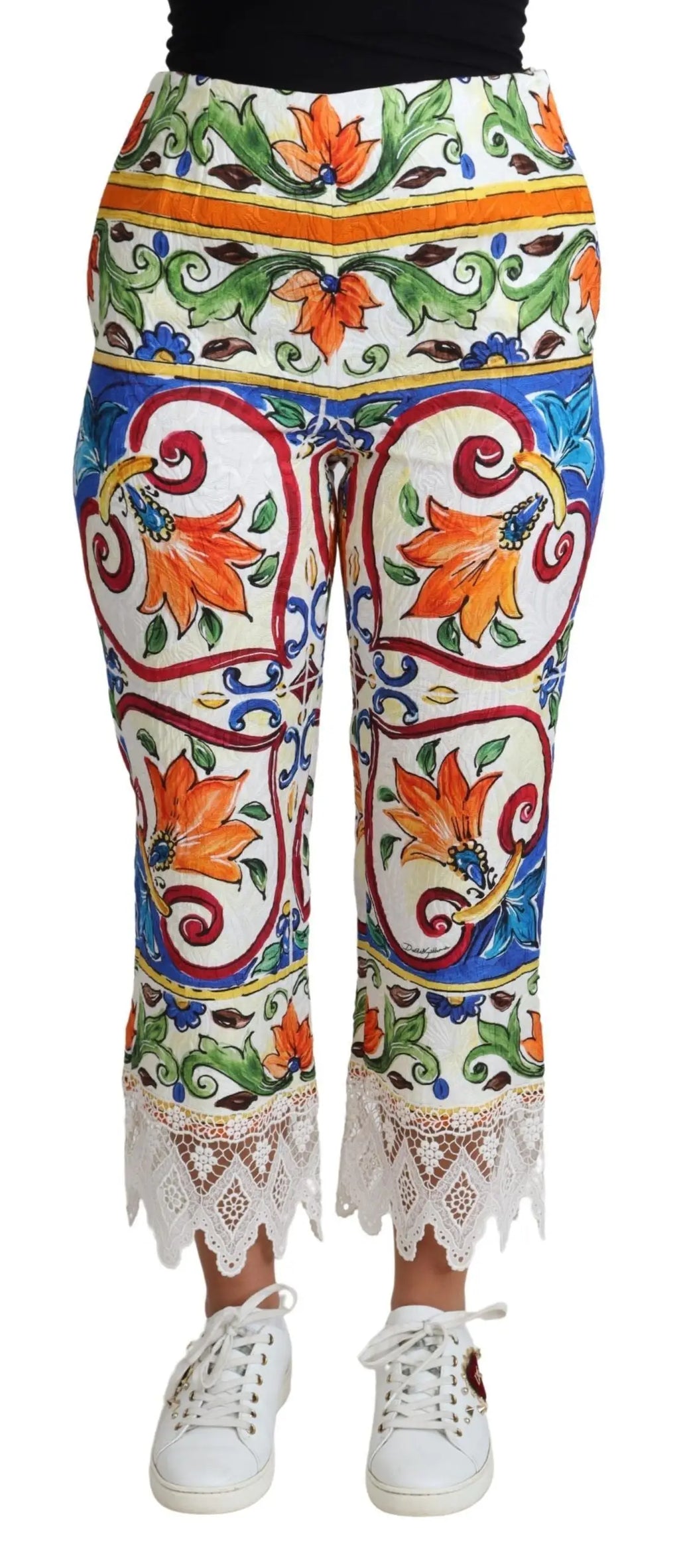 Pantalon capri dolce & gabbana en coton multicolore avec motifs floraux et arabesques et bordure en dentelle
