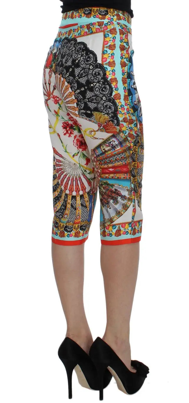 Pantalon capri taille haute dolce & gabbana en soie multicolore avec imprimé floral et éventail noir rouge orange bleu et blanc