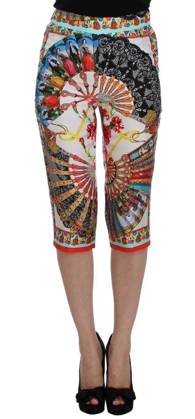 Pantalon capri en soie dolce & gabbana multicolore avec motif éventail et floral vibrant en rouge bleu noir et or