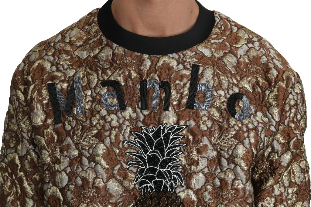 Sweatshirt dolce & gabbana marron et or brodé avec col côtelé noir et motif ananas sequiné mambo