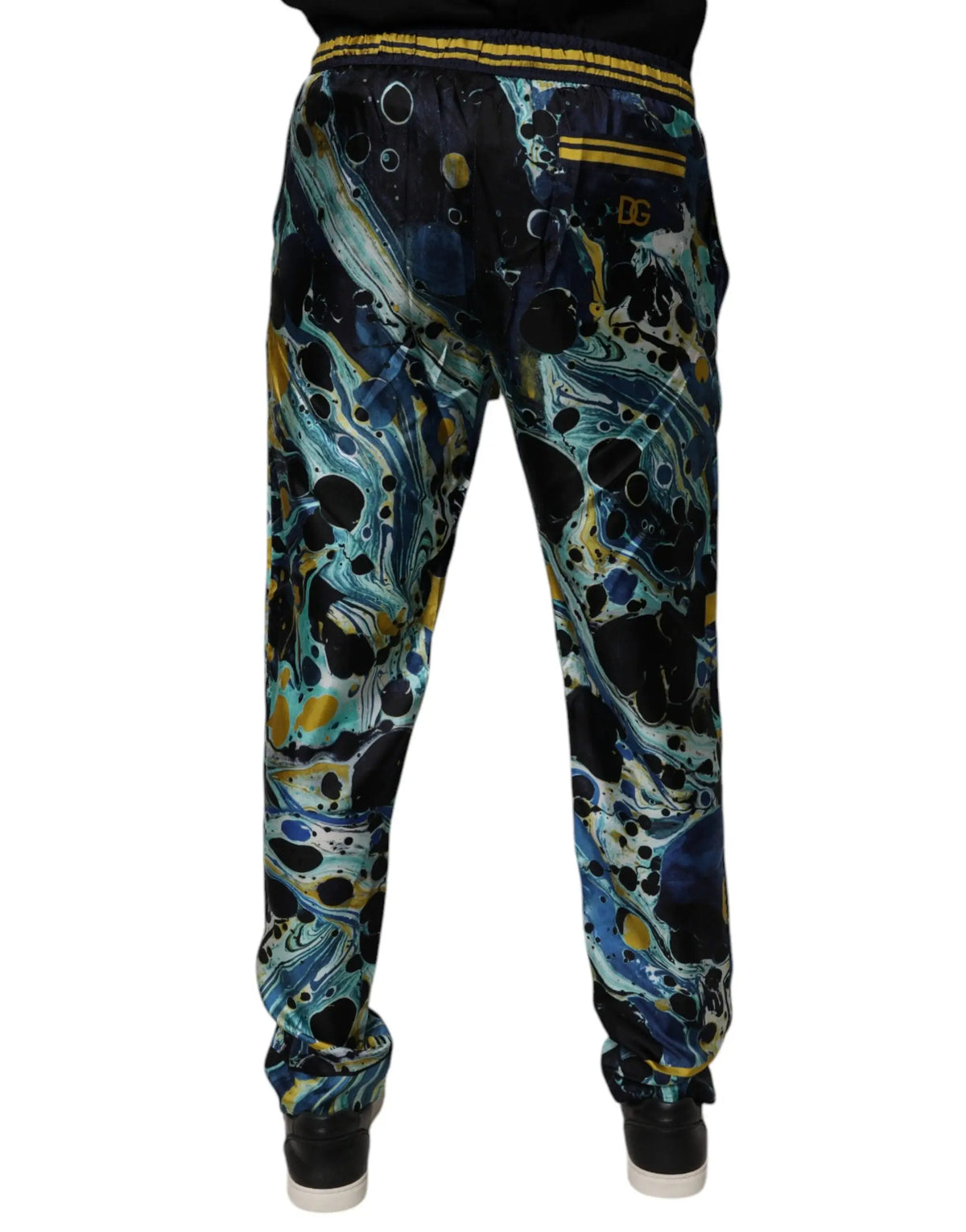 Joggers dolce & gabbana à motif marbré bleu foncé et sarcelle avec bordure dorée à la taille