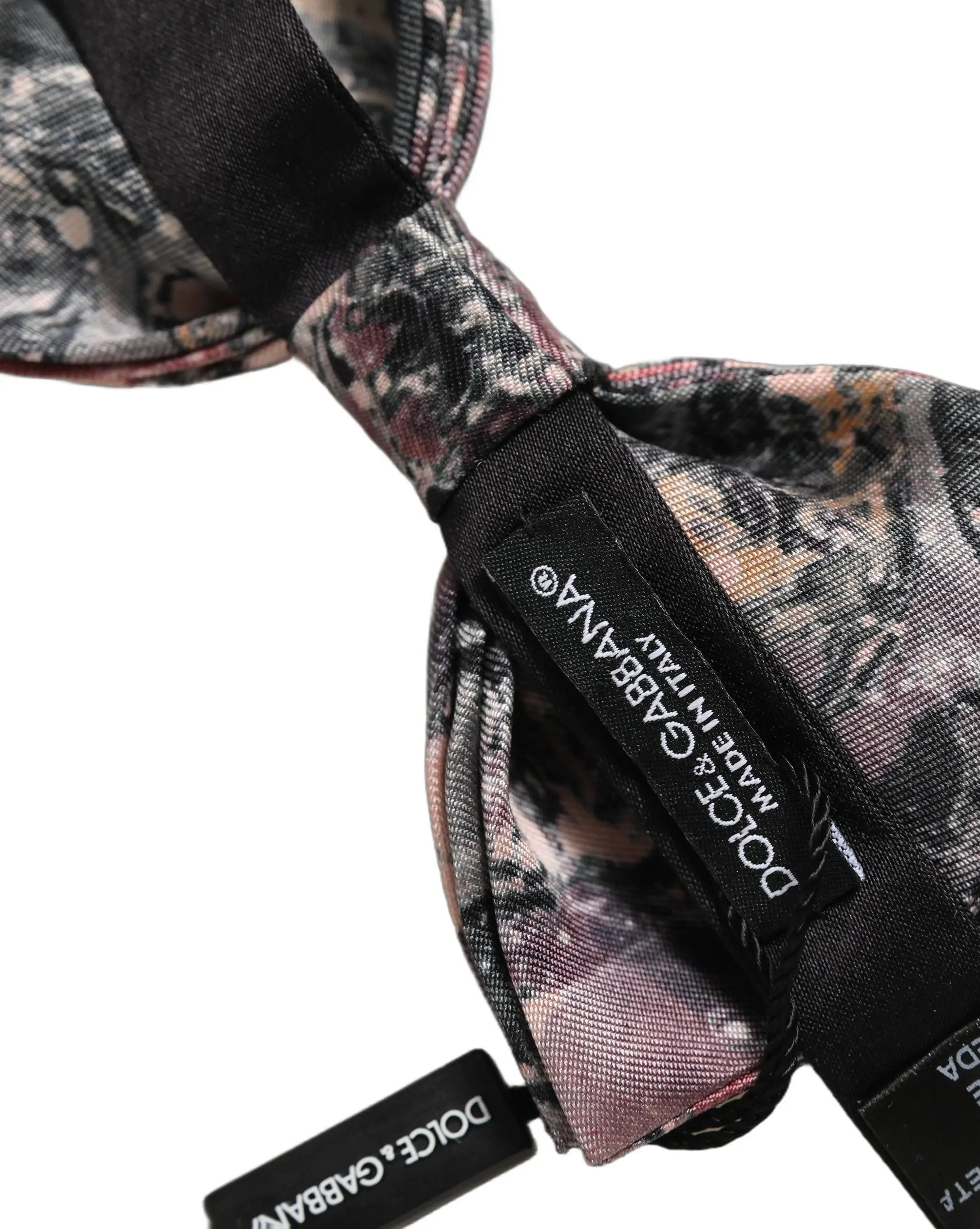 Dolce & gabbana multicolor marble silk adjustable neck papillon bow tie with muted pink and gray floral pattern on satin