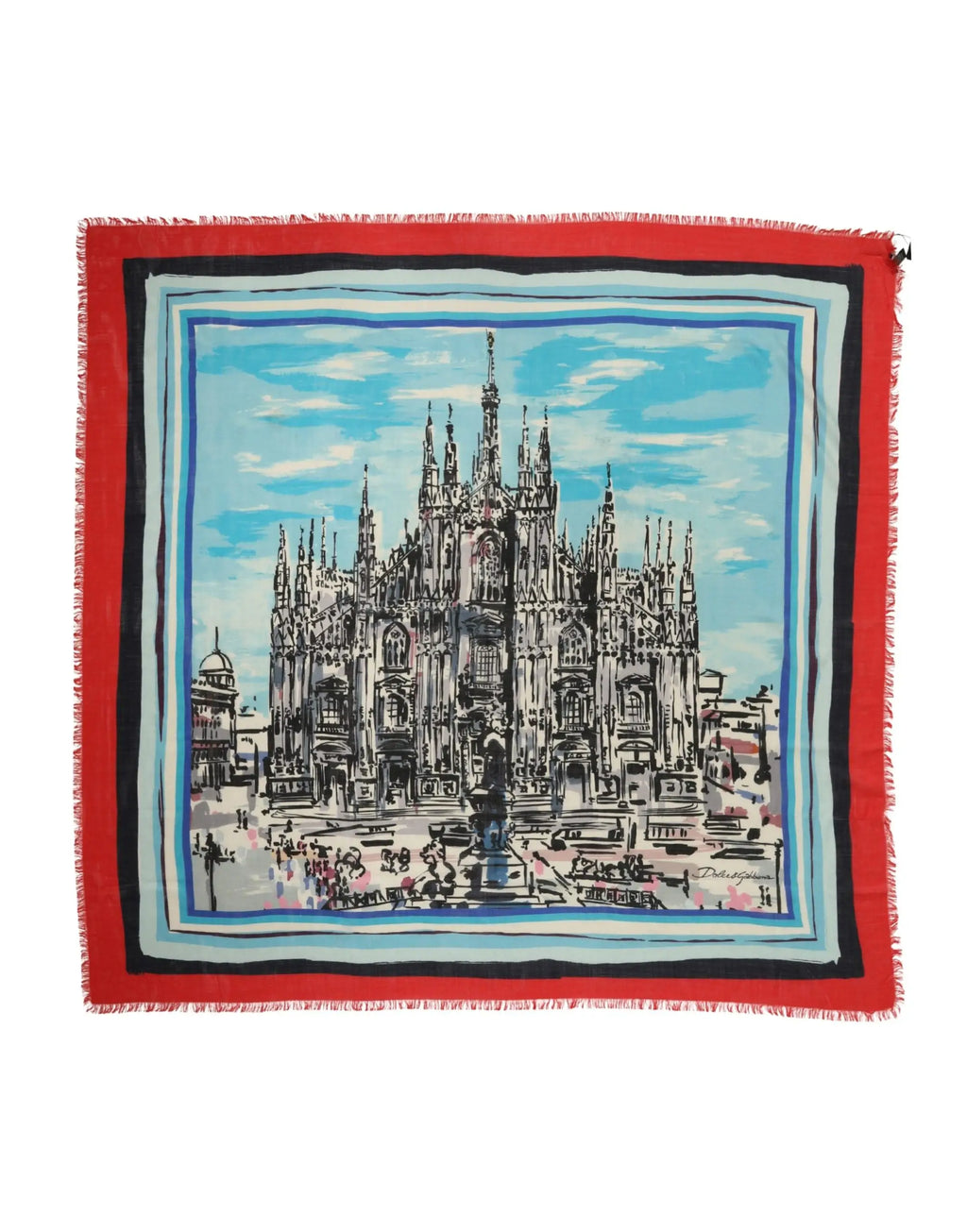 Écharpe homme dolce & gabbana en cachemire multicolore 134x130 cm avec illustration milan cathédrale bleu marine et ciel bleu