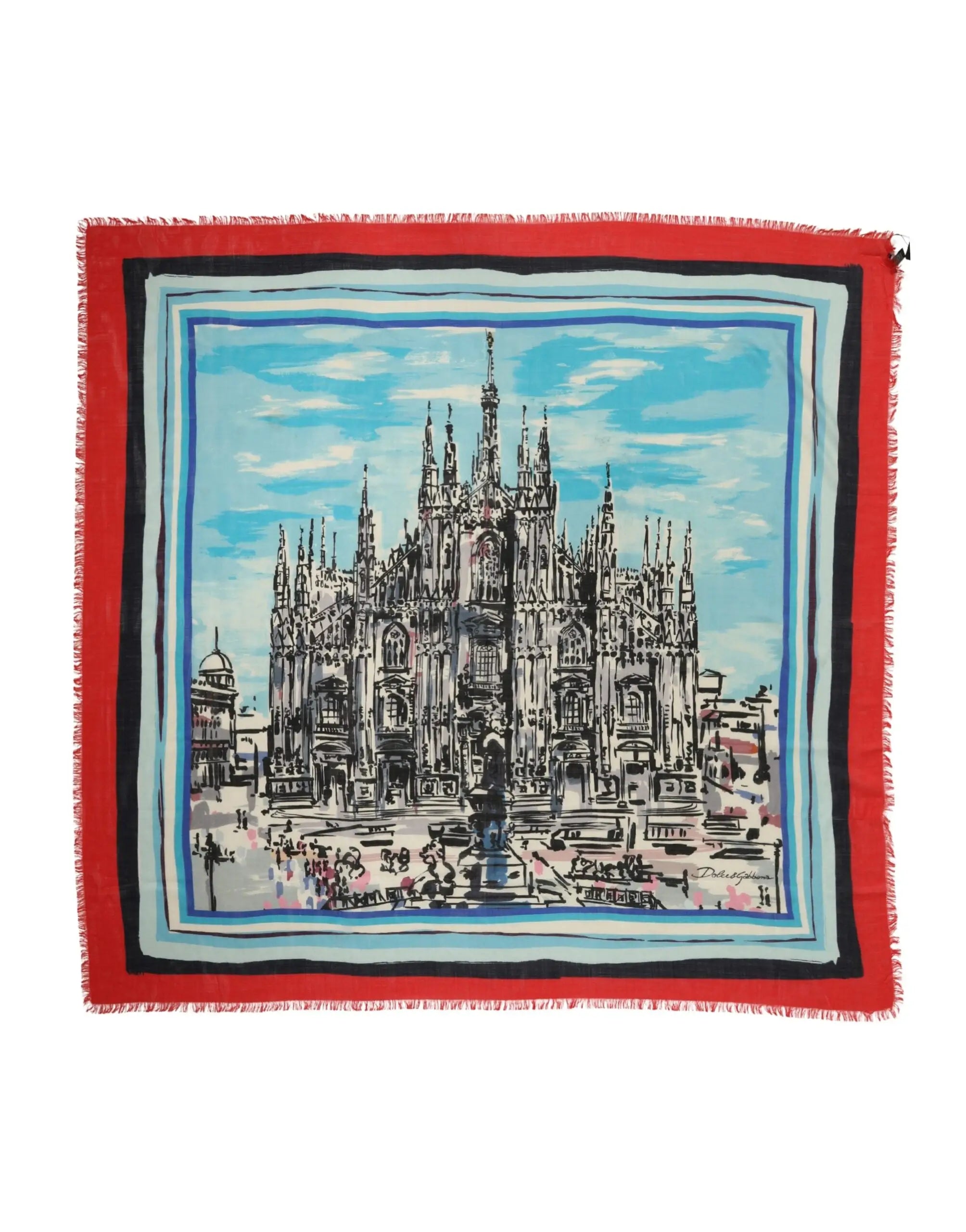 Écharpe homme dolce & gabbana en cachemire multicolore 134x130 cm avec illustration milan cathédrale bleu marine et ciel bleu