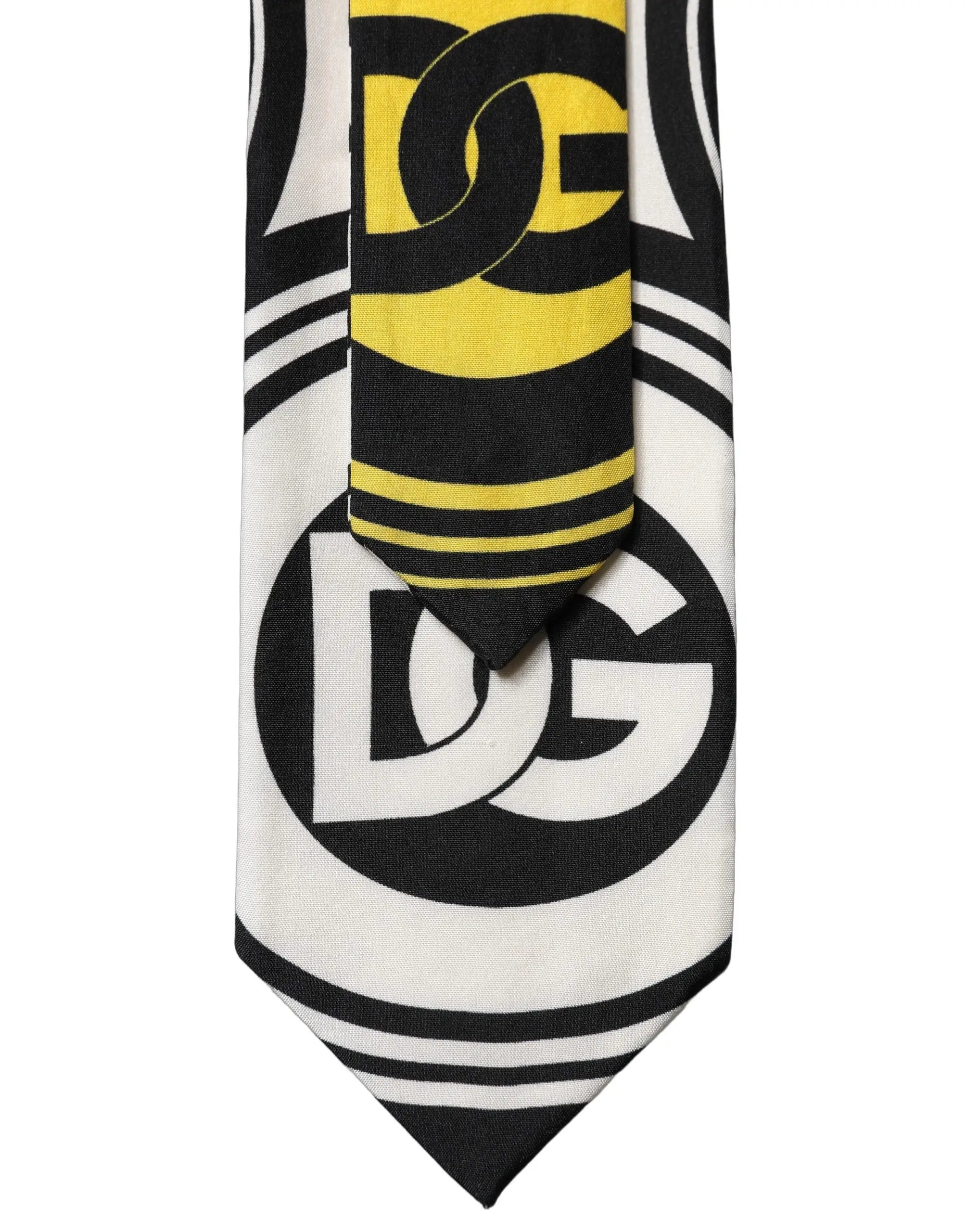Dolce & gabbana multicolore cravate pour homme en soie avec motifs géométriques noir blanc et bande logo dc jaune
