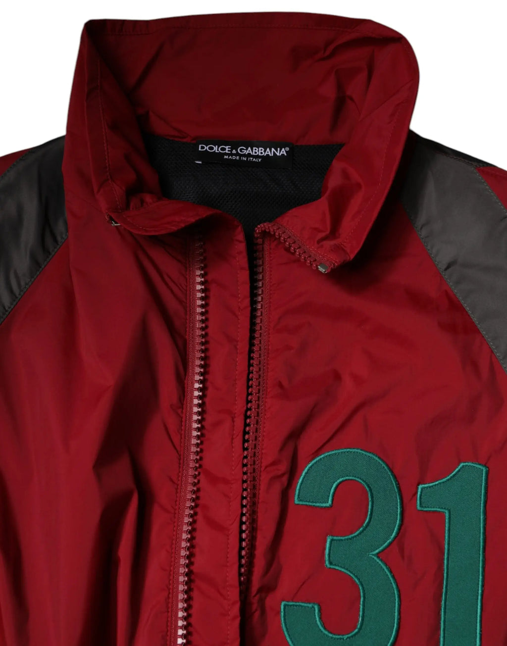 Dolce & gabbana multicolor nylon windbreaker jacket in red and black with a bold green 31 embroidered on the front