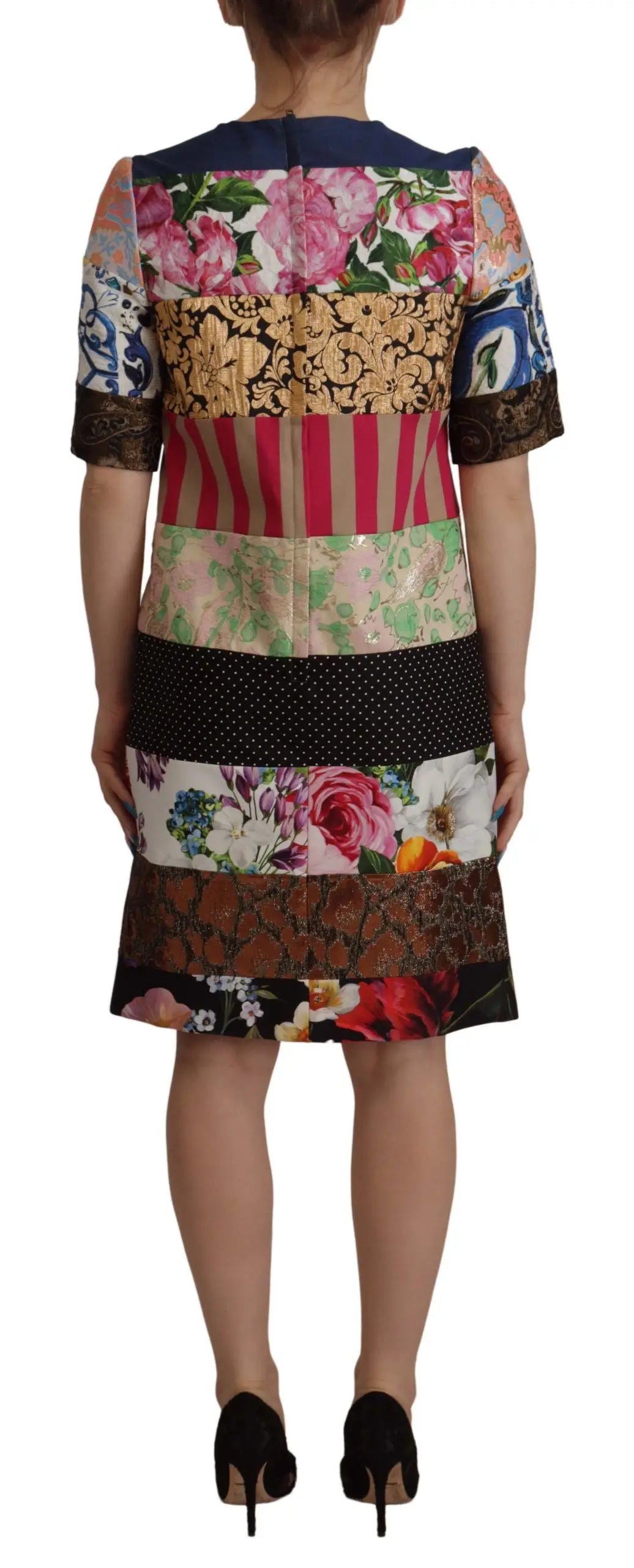 Robe mini fourreau patchwork multicolore dolce & gabbana en jacquard floral avec motifs audacieux rose or rouge noir et bleu