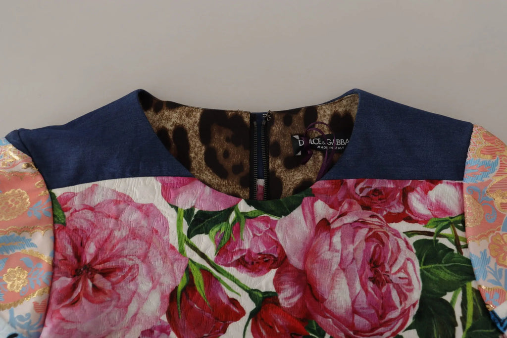 Dolce gabbana robe mini en jacquard multicolore avec imprimé floral vif roses roses fond blanc col marine et léopard
