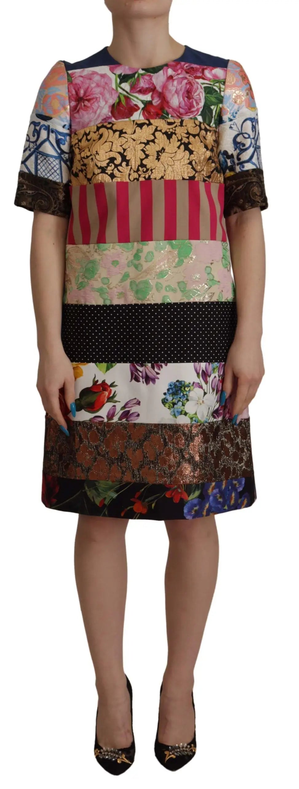 Robe midi dolce gabbana patchwork multicolore avec motifs floraux et rayures en jacquard riche en rose or rouge noir et bleu