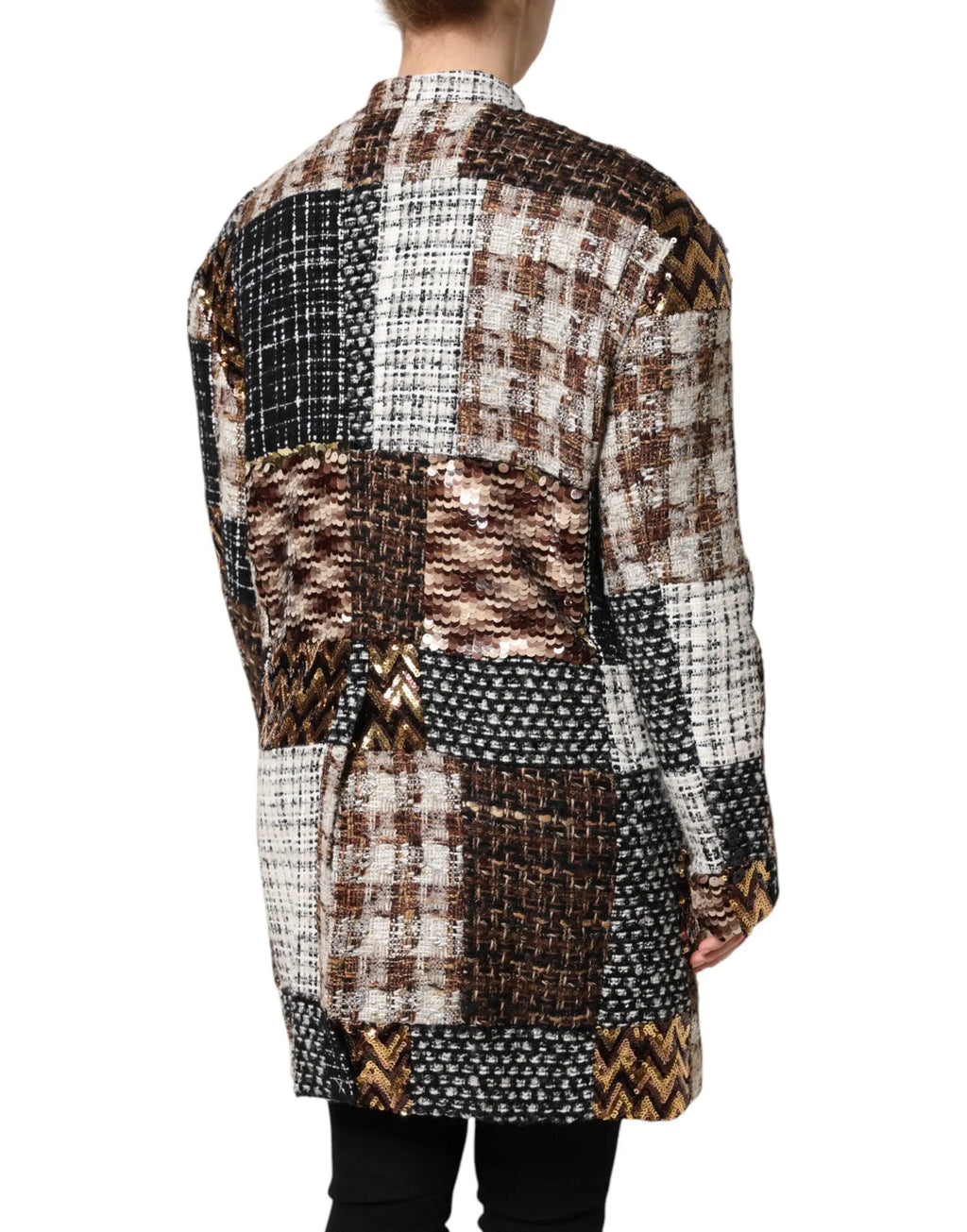 Dolce & Gabbana veste multicolore en tweed patchwork avec motifs géométriques marron beige noir et or texturé
