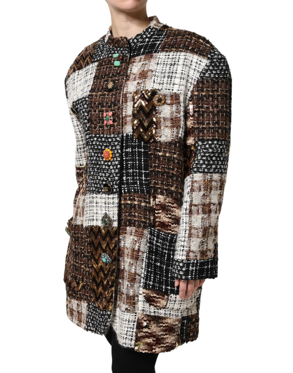 Dolce & gabbana veste patchwork multicolore en tweed marron et beige avec boutons décoratifs et col classique