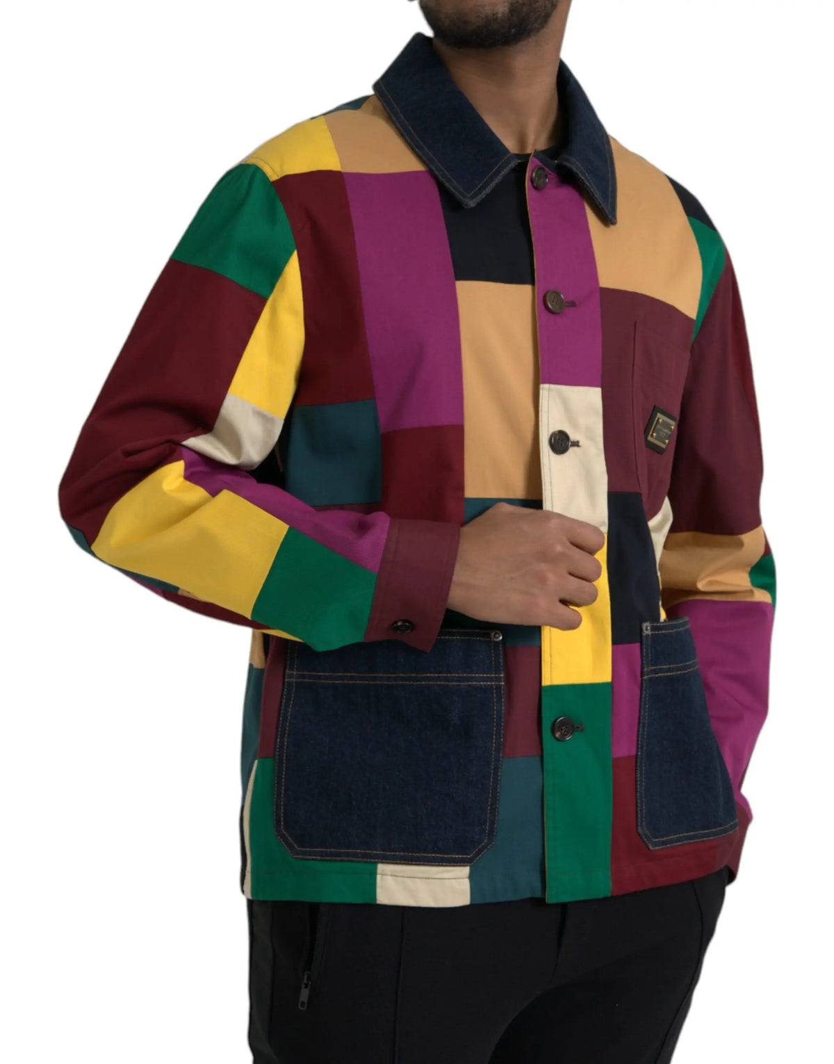 Dolce & Gabbana veste homme multicolore en patchwork coton avec poches et col en denim bleu marine
