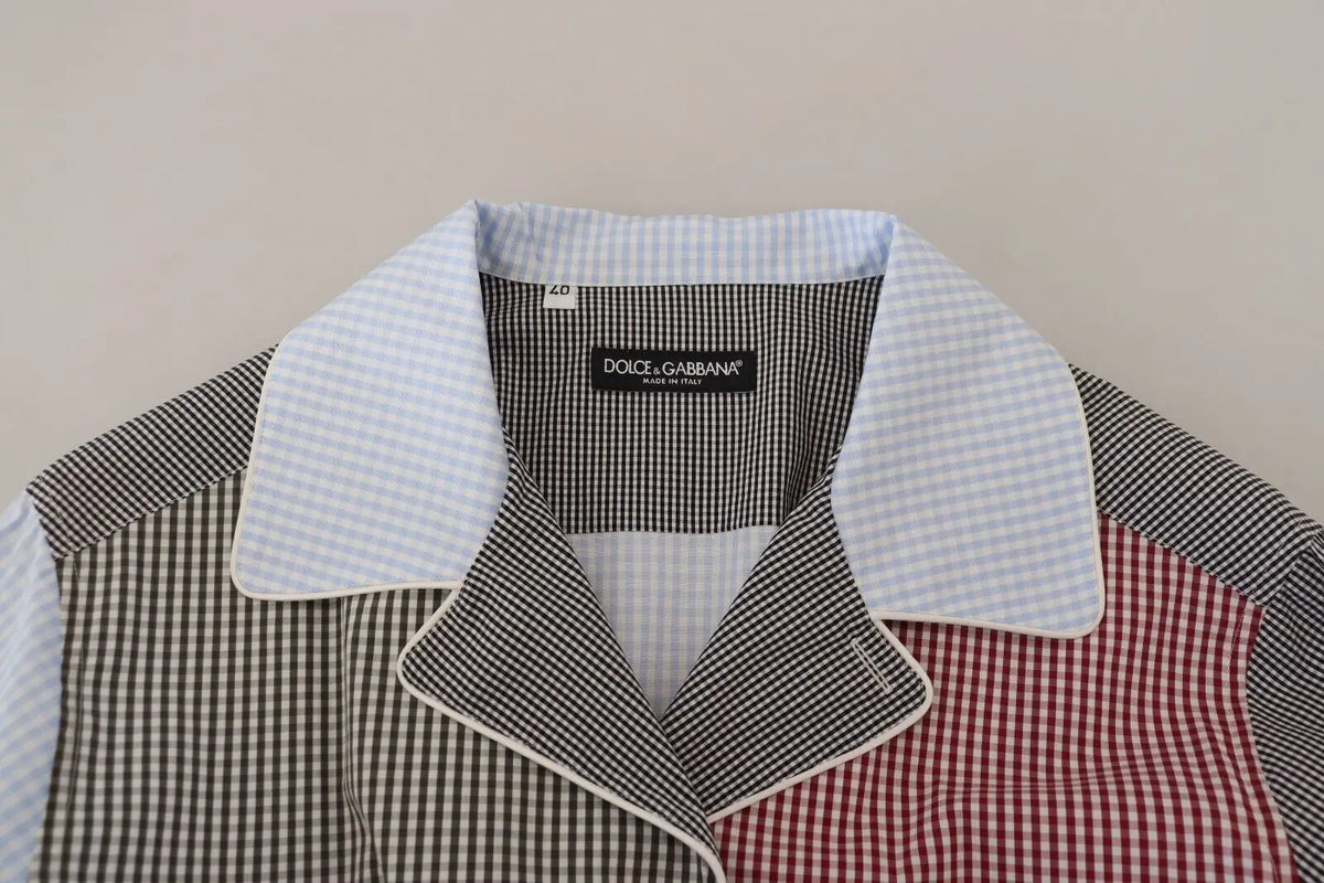 Dolce & gabbana chemise à manches longues en coton multicolore avec patchwork noir blanc rouge gingham et col à carreaux bleu clair
