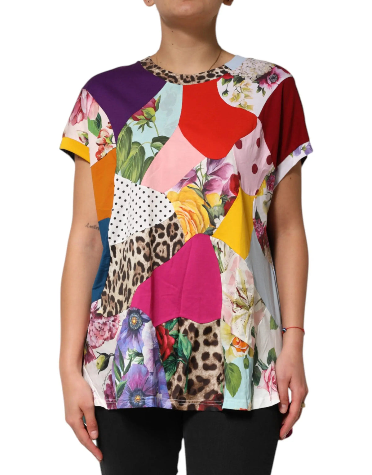 Vibrant dolce & gabbana multicolor patchwork blouse top with floral prints leopard spots and color blocks in cotton silk