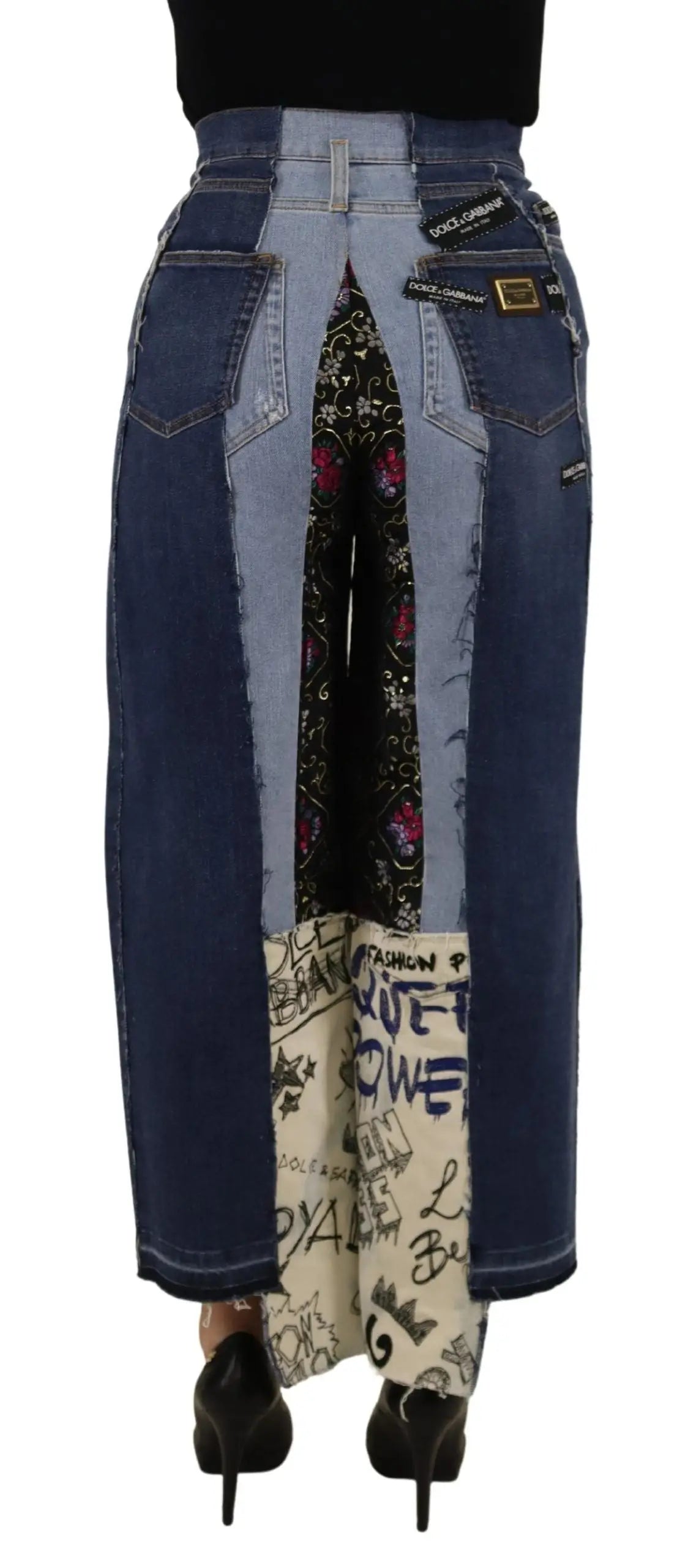 Pantalon large en denim patchwork multicolore dolce gabbana avec denim bleu, imprimé floral noir et tissu crème graffiti